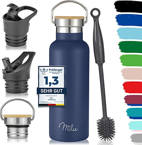 Milu Edelstahl Trinkflasche 350ml 500ml 750ml 1000ml (+3 Deckel) - Thermosflasche mit Strohhalm, Isolierte Wasserflasche, Auslaufsichere Isolierflasche doppelwandig (Navyblau, 750ml)