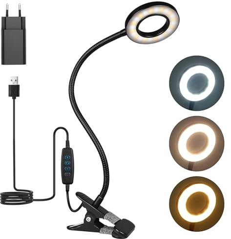 TBTeek Lampada da Lettura, 48 LED Lampada a Pinza, Lampada da Scrivania per la Cura degli Occhi, 3 Modalità e 10 Livelli di Dimmerazione, Lampada a Morsetto per Uso Ufficio Casa, Adattatore CE Incluso