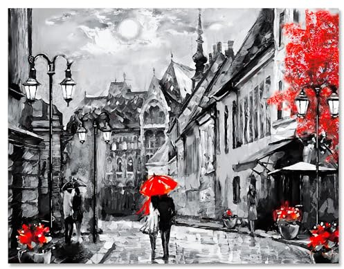 wandmotiv24 Leinwandbild Malerei, Paar, Regenschirm, Querformat M0611