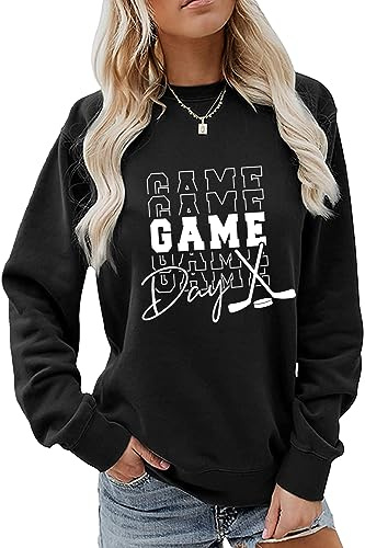 Hapwalyn Hockey Sweatshirt, Game Day Sweater for Women Crewneck Graphic Pullover Tops Funny Ice Hockey Mama Shirt Lover Gifts Black