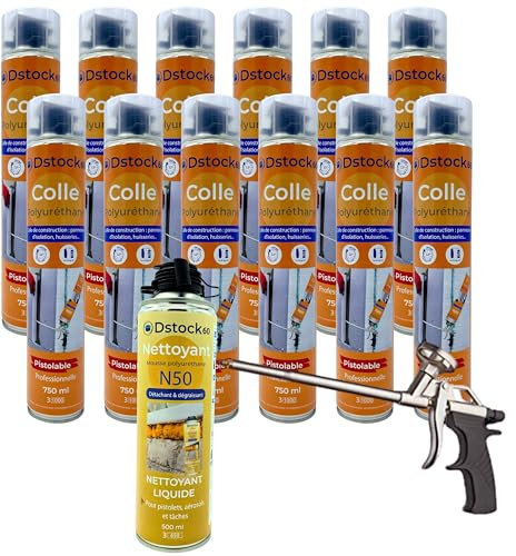 DSTOCK60 - Lot de 12 colle de montage polyuréthane + 1 pistolet + 1 nettoyant mousse - Mousse polyuréthane faiblement expansive pour le collage des panneaux isolants, rouleaux de bitume, huisseries