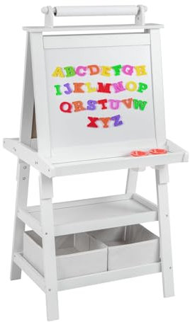 LIFEZEAL 3 in 1 Kindertafel, Staffelei Kinder mit Doppelseitiger Tafel, Standtafel mit 2 Ablageebenen, Whiteboard & Kreidtafel & Papierrolle, Maltafel mit 2 Aufbewahrungsboxen, Magnettisch (Weiß)