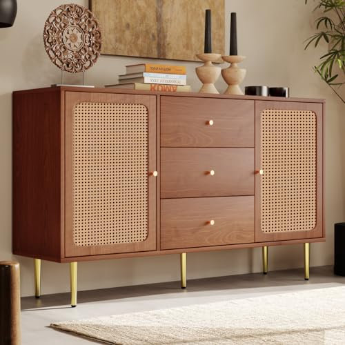 KDXYSL Kommode mit 3 Schubladen und 2 Türen, Schubladenkommode mit Verstellbare Ablage, für Schlafzimmer & Wohnräume & Büro, Sideboard Highboard mit viel Stauraum, Eiche Rattan