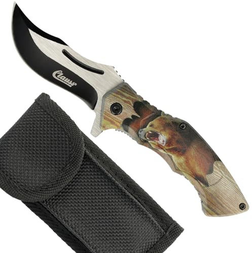 Clauss Klappmesser mit Tiermotiv | Einhand Taschenmesser in Holzoptik mit Finger-Flipper, Gürtelclip & Gürteltasche | extrem scharfe & robuste Klinge