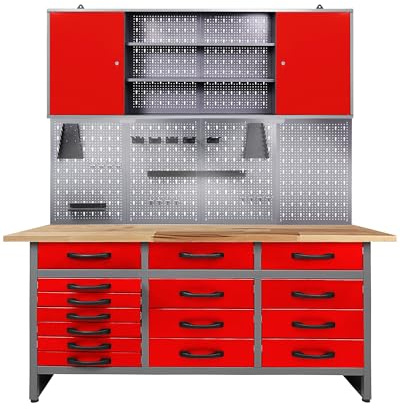 Ondis24 Werkstatteinrichtung 160cm, Werkstatt - Werkbank, Hängeschrank, Euro - Lochwand mit Haken mit LED grau-rot