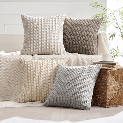 MIULEE 4er Set Kissenbezug 40×40cm Kordsamt Ananas-Ähren Grau Braun Serie