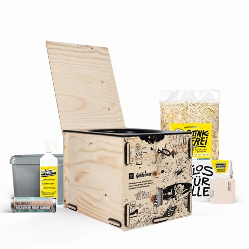 Goldeimer Camper Mini Mobile Trenntoilette aus Holz im Eurobox Format 40x30x30 cm inkl. Beutel, Streu, Wechseleimer und Wechselkanister (Natur, Starterset)