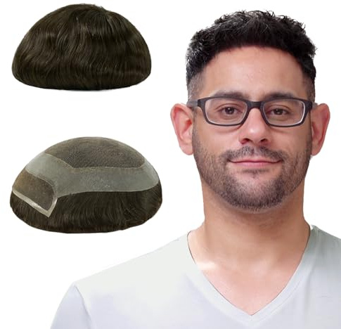 Lordhair Toupet Echthaar Männer, 100% Echthaar Toupet Herren, Toupet für Männer mit Französischer Spitze und Hautrand(15x20CM, Mittleres Dunkelbraun 4#)