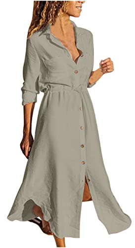 Boho Chic Dresses Mini Abito Corto in Cotone e Lino a Mezza Manica con Scollo a V alla Moda e Confortevole da Donna Abiti in Velluto Manica Lunga Cachi L