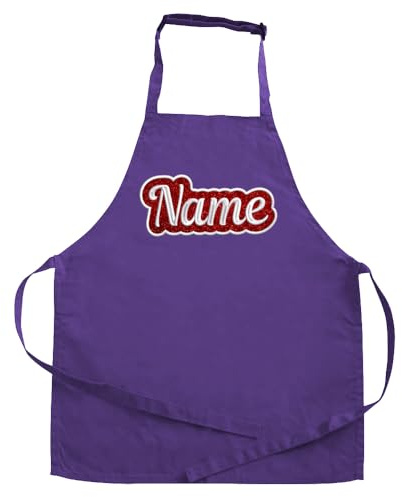 Elefantasie Personalisierte Schürze mit Name auf GLITZER gestickt, Kochschürze zum Backen, Kochen für Kinder und Erwachsene 11-99 Jahre lila