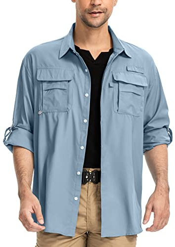 yeyity Chemise Safari UPF50+ protection UV à manches longues pour homme, bleu, M