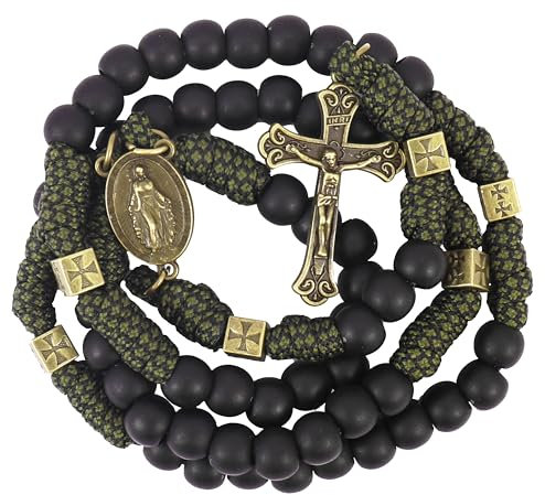 Nazareth Store Rosenkranz-Halskette aus robustem, langlebigem Paracord-Rosenkranz in Antik-Bronze-Bronze, mattschwarze Gebetskette mit Heiliger Medaille und Kruzifix (Jesuskreuz mit Wundermedaille)