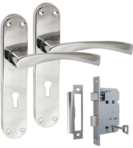 Epsom Door Handle Internal Polished Chrome Twist Door Handle Set and 3 Lever sash Lock, Interior Lock Lever on Long Back Plate, Privacy Lockable Handle for Bathroom, Bedroom, Front Door.