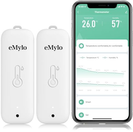 eMylo Termometro Ambiente Interno, Igrometro Umidità Casa WiFi, Con Smart Alert, Archiviazione e calibrazione dei dati, Termoigrometro per camera da letto, Magazzino, Cantina, Serra, Bianco 2 Pack