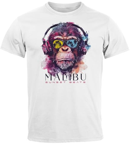 Neverless® Herren T-Shirt AFFE mit Kopfhörer Musik Motiv Party Festival Sommer Printshirt Fashion Streetstyle Weiss XL