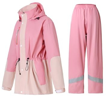 RAINFREEM Rain Suit for Women, Waterproof Rain Jacket & Trouser with Reflective Srtip, Rain Gear for All-Sport Anti-storm, Pink, Large