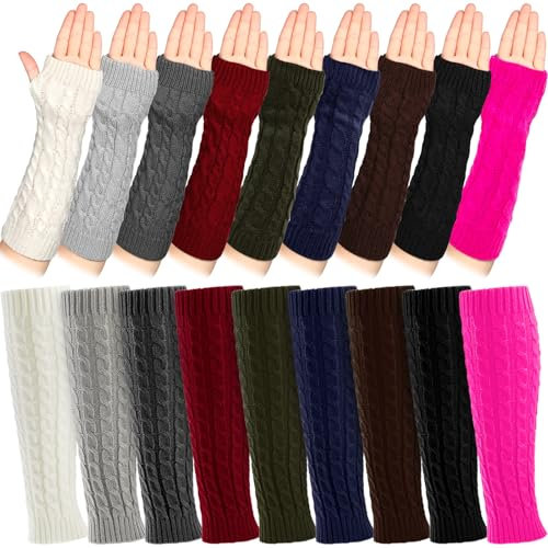 Therwen 18 Paar gestrickte Beinstulpen und Armstulpen Set für Frauen Winter Ärmel fingerlose Daumenloch Handschuhe Fäustlinge, Stilvolle Farbe., Einheitsgröße