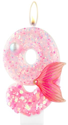 Candela con 9 numeri glitterati, rosa 9 candele con coda di sirena, decorazioni per il 9° compleanno di ragazzi e ragazze, forniture per feste a tema sirena