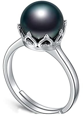 9-10 mm natürlicher schwarzer Tahiti-Perlenring, 925er-Sterling-Kronen-Solitär-verstellbarer Ring