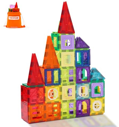 VEVOR Piastrelle Magnetiche 75 x 75 x 6,5 mm Blocchi da Costruzione Magnetici per Bambini 32 PZ, Set di Costruzioni Magnetiche con Borsa Portaoggetti, Giocattoli Educativi Sensoriali STEM da Impilare