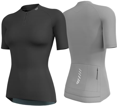Wulibike Radtrikot Damen Halbe ReißVerschluss Fahrradshirt Mountainbike Fahrradtrikot Atmungsaktiv Rennrad Trikot Kurze äRmel Frauen Fahrrad Shirt 4 Tasche Radfahren Tops Upf50+ Schwarz-Grau S