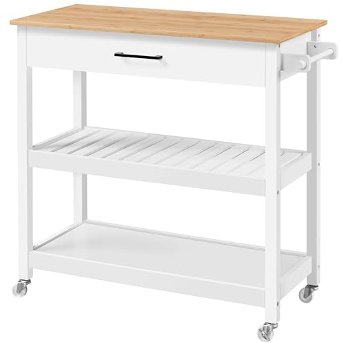 Yaheetech Kitchen Island Cart on Wheels with Bamboo Tabletop, 3-Tier Rolling Kitchen Island Microwave Cart with Drawer, Detachable Towel, 3 Hooks, 17 D x 37.5 W, White