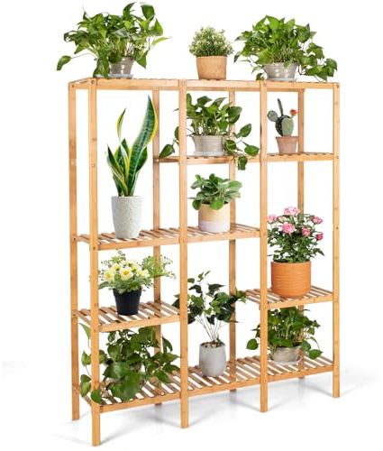 RELAX4LIFE Pflanzenständer, Blumenregal 141 cm hoch, großes Pflanzenregal mit 6 Ebenen, Blumenständer aus Bambus, Blumentreppe für Wohnzimmer, Garten, Balkon, Pflanzentreppe für große Pflanzen, Natur
