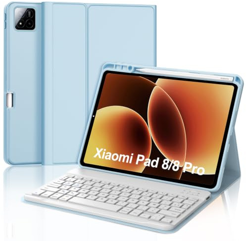 Coque Clavier pour Xiaomi Pad 8/Pad 8 Pro 11.2 2025, AZERTY Français Housse Clavier Bluetooth Magnétique Détachable avec Porte Crayon pour Tablette Xiaomi Pad 7/Pad 7 Pro 11.2 Pouces 2024, Bleu Ciel