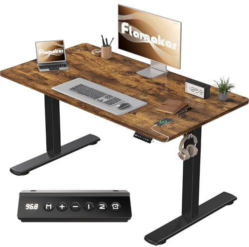 Flamaker Höhenverstellbarer Schreibtisch Ganze Tischplatte 110 x 53 cm, Schreibtisch Höhenverstellbar Elektrisch mit Memory Steuerung, Gaming Tisch mit Sitzende Erinnerung und USB-Aufladung (Braun)