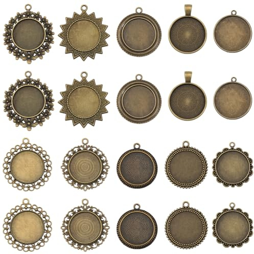 SUNNYCLUE 1 Box 20 Stück 10 Stile Bronze Anhängertablett Runde Lünettentabletts 25mm Antike Metalllegierung Blanker Blumenrahmen Basis Cabochon Charms Für Schmuckherstellung DIY Basteln Foto Zubehör