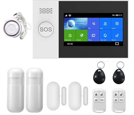 Kit Alarma Casa, Inalámbrica SIM 4G GSM Inicio Burglar Security 4.3inch Sistema de alarma de pantalla táctil SMS Tuya Smart Life App Control con sensor de movimiento.(B 15000MAH)