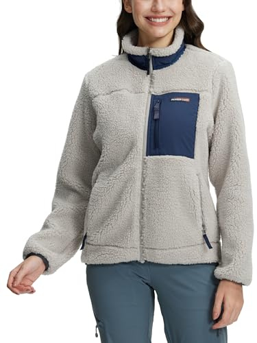 Veste Polaire Femme à Col Montant - 550g Ultra Épaisse, Anti-Vent - Pour Randonnée, Ski, Alpinisme - Tissu Haute Densité Anti-Bouloche - Pochettes Zippées, Ourlets Élastiques(Warm Gray，Navy;S)
