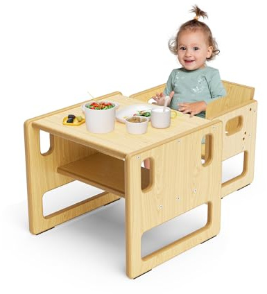 MINENICE Sicherheits-Upgrade Montessori-Babytisch- und Stuhlset mit abgerundeten Ecken, Lese-, ESS- und Spieltisch und -Stuhl für Kinder, aus Holz für 1–3 Jahre, höhenverstellbar