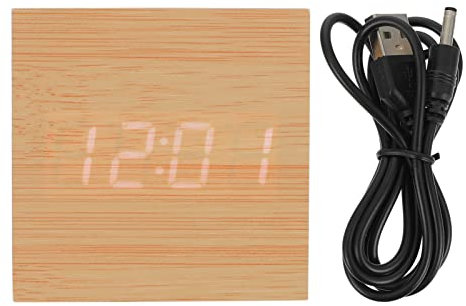 Healifty Square Wooden Alarm Clock Led Dual Display, Usb Charging, Night Light, Silent Operation, Temperature and Time Display, Creative Bamboo Design for Bedroom and Office