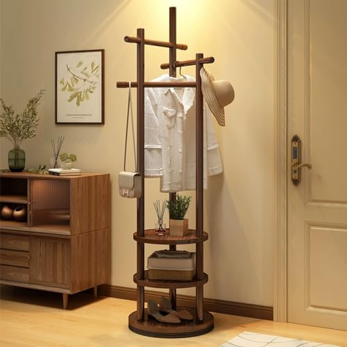 MSFE Drehbare Garderobenständer aus Holz, Freistehender Kleiderständer mit 3 Kleiderstangen,3 Runde Ablagen, Garderobenständer mit schuhablage,Coat Rack für Kleidung, Hut, Tasche, Platz sparen