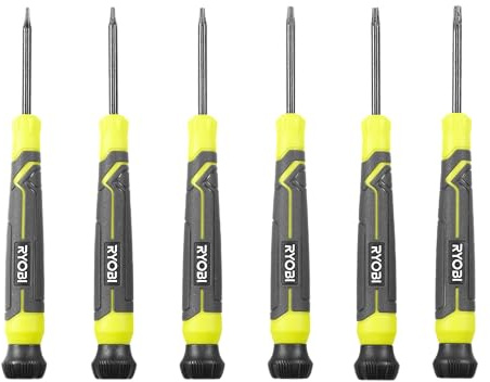 Ryobi - RHSDSPCT6 - Set de 6 Tournevis de Précision Torx Magnétiques – T5 à T10 – Embouts oxyde noir, capuchon rotatif – Réparations électroniques & travaux minutieux