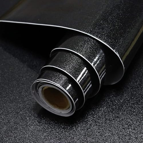 Black Glitter Peel and Stick Wallpaper, Self Adhesive Vinyl Wrap for Furniture, Kitchen & Bathroom Covering, 40cm x 3m Roll, Waterproof Contact Paper