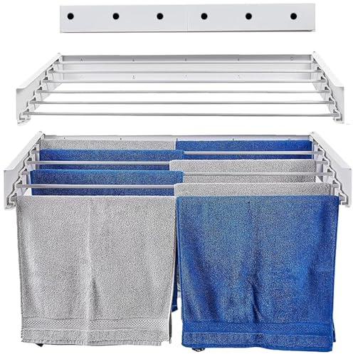 Wall Mounted Clothes Airer 100cm, Foldable Retractable Laundry Drying Rack | White Heay Duty Construction, Space Saving Design, Foldable & Retractable, 120cm Wide, For Clothes Towels & Bedding