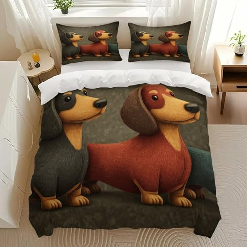 SANTOZORY Dachshund Duo Bedding Comforter Sets Bedding Set 3 Pieces (1 Duvet Cover 2 Pillowcases) with Zipper Closure Lightweight