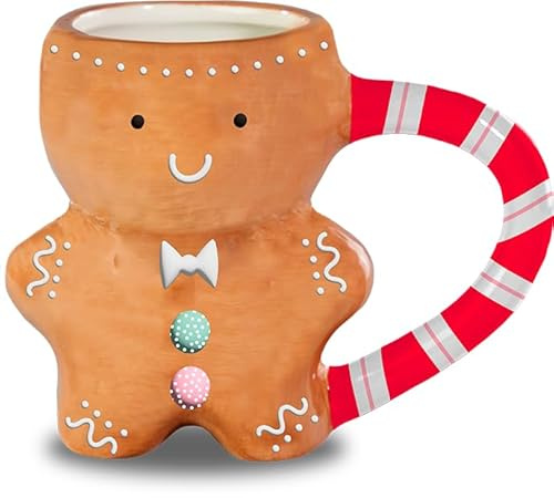 Gem Imports Gingerbread Man Ceramic Mug – Christmas Novelty Shaped Mug with Candy Cane Handle – Festive Hot Chocolate & Coffee Cup