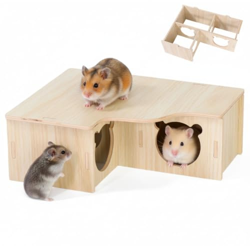 VGECEE Hamsterhaus Holz Hamster Eckhaus Holzhaus Hamster Käfig Holz | Mehrkammernhaus Meerschweinchen Verstecken Haus, für Hamstern,Eichhörnchen,Meerschweinchen und andere Kleintiere