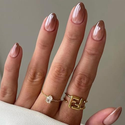 BelleFlair 24 Stück Press on Nägel Mandel, Braun Ombre Künstliche Nägel, Glänzend Fake Nails zum Aufkleben, Wiederverwendbar Full Cover Acryl Press Ons für Frauen Maniküre Design.