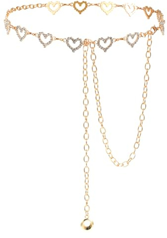 Strass Damen Dünner Metallgürtel, Kristall Glitzer Gürtel Herz Taillenkette für Damen Verstellbarer Gürtel Mädchen Damengürtels Metall Kettengürtel für Kleid Jeans Hosen Pfirsich Herz Anhänger
