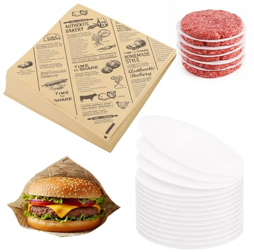 200 Stück Burger Papier Set: 100 x Fettpapier in Backpapier Zeitungsoptik + 100 x Trennpapier – Wasserfestes Einschlagpapier & Buffet Zubehör für Burger, Pommes & Snacks
