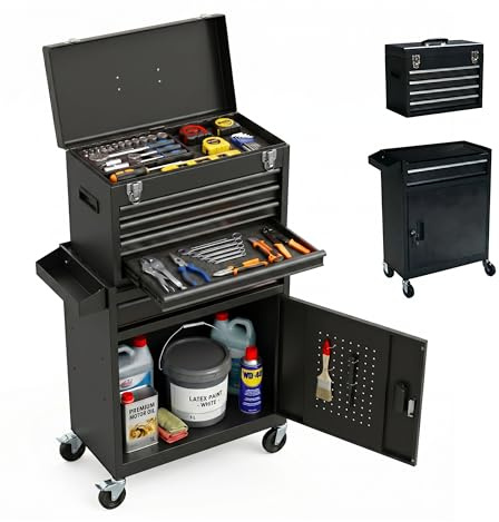 Relaxdays Carrello Officina con 5 cassetti, cassettino Superiore, Chiave, Ruote, Acciaio Nero 104x59,5x28 cm