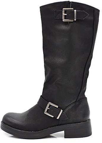 IF Fashion Scarpe Stivali da Donna al Polpaccio Biker Motociclista con Fibbie Anfibi 1821-2 Nero N.38