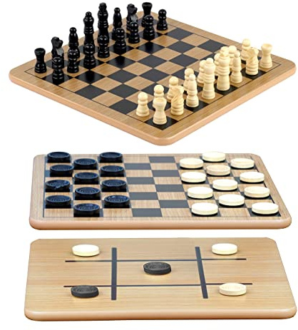 Regal Games - Reversible Wooden Board for Chess, Checkers & Tic-Tac-Toe - 24 Interlocking Wooden Checkers and 32 Standard Chess Pieces - for Age 8 to Adult for Family Fun