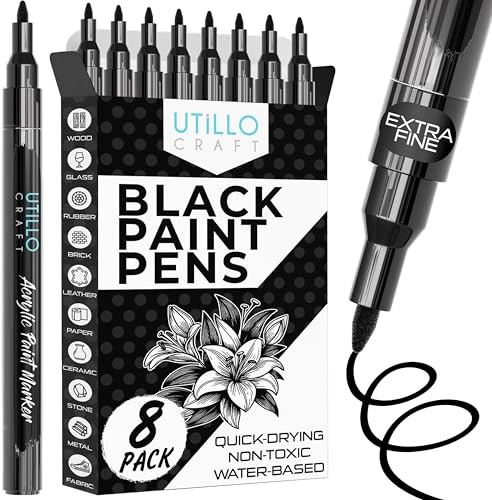 Utillo Craft Black Paint Pen (8-Pack), 0.7mm Extra Fine Black Paint Markers | Bold Color Permanent Black Acrylic Paint Pen for Metal, Fabric, Wood, Glass, Paper, Plastic, Rock, Leather | Artist DIY