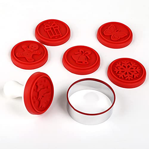 Bäcker & Lecker Keksstempel Weihnachten Set Plätzchenstempel Ausstechform rund mit Stempelgriff Ausstechring und 6 Prägemotiven für Fondant Keks Dekorationen