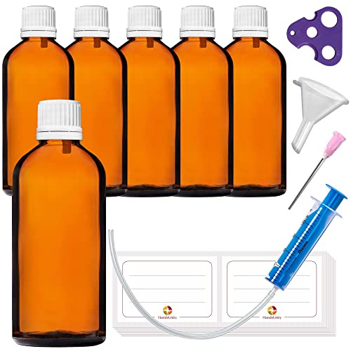 HandsUnity 100ml-6 pièces de Flacon à Compte-gouttes - Petit Flacon en Verre Ambré de type Apothicaire avec Bouchon à Compte-gouttes Blanc en Verre Brun Ensemble comprenant 18 Accessoires